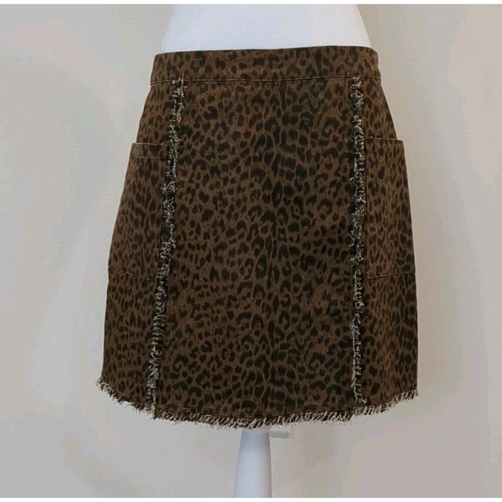 Umgee Mini Skirt Womens L Brown Black Leopard Cotton Denim Raw Hem Pockets